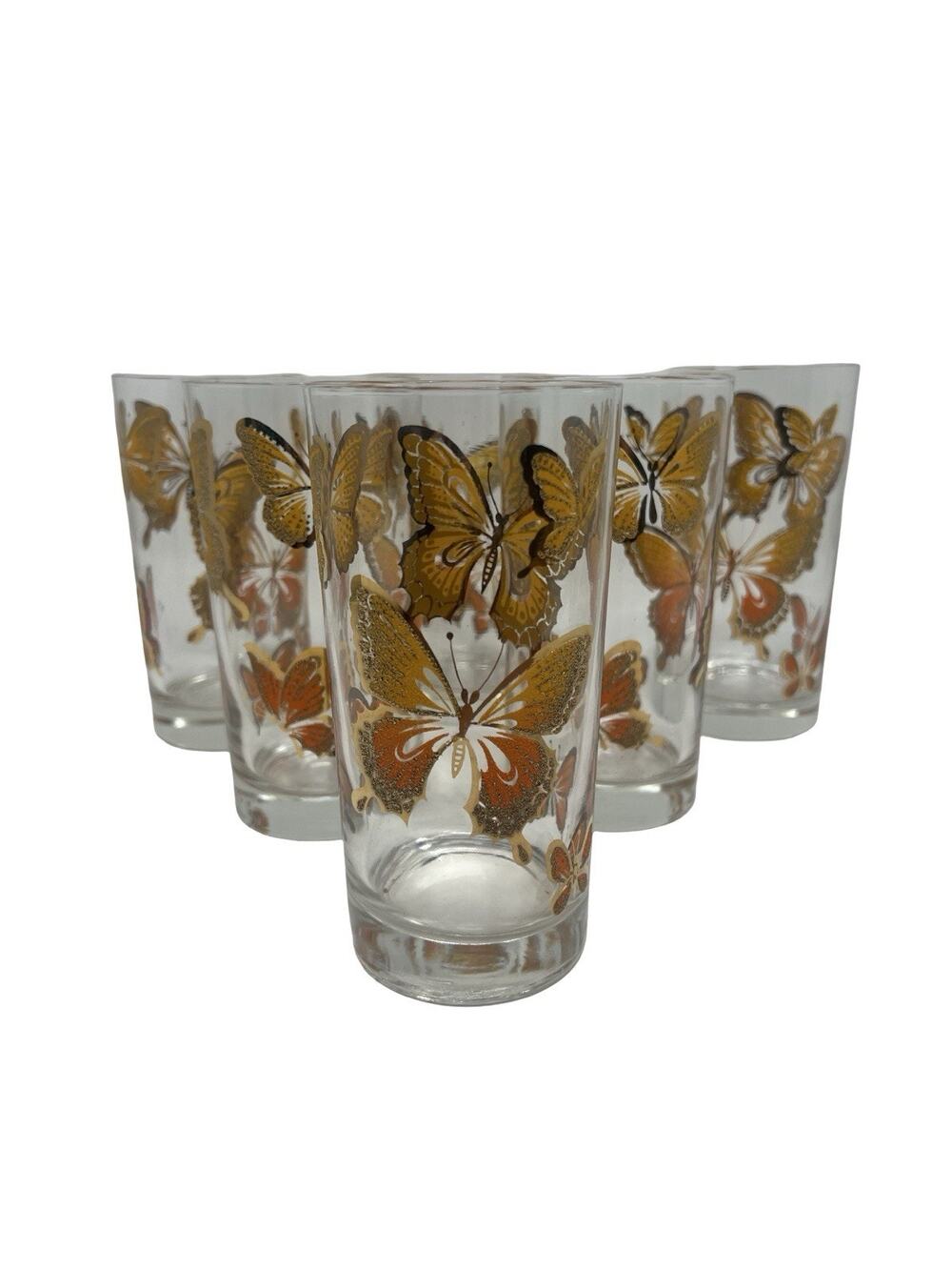 Vintage MCM Mid Mod 1970s Gold Butterfly Tumbler Drinking Glasses Set of 6